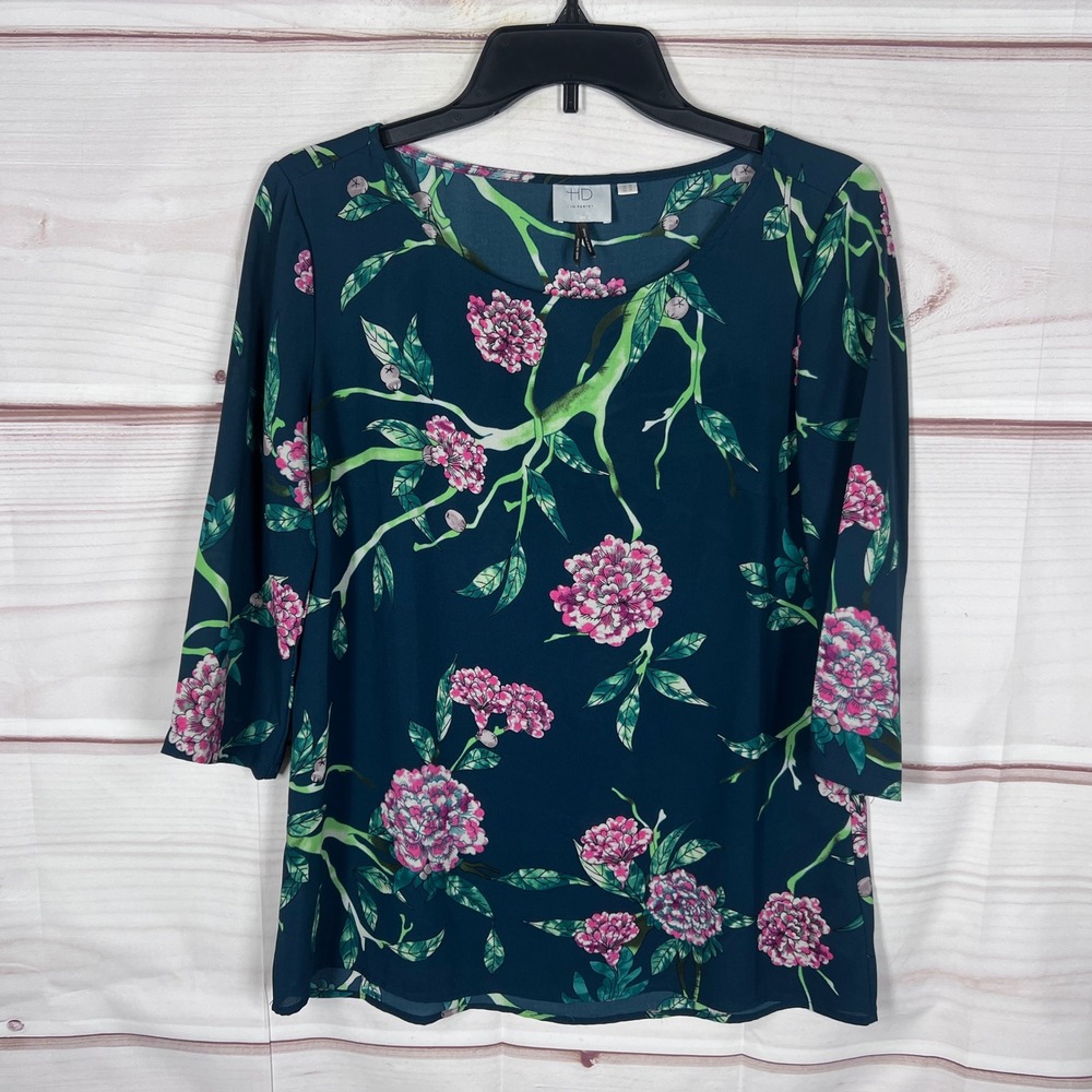 HD in Paris Blouse Womens 4 Green Floral Peony 3/4 Sleeve Scoop Neck Chiffon Top